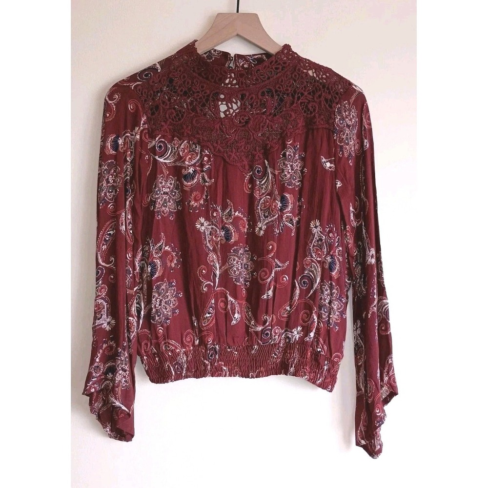 Angie‎ NWT Burgundy Paisley Peasant Blouse Large Crochet Lace Boho Top